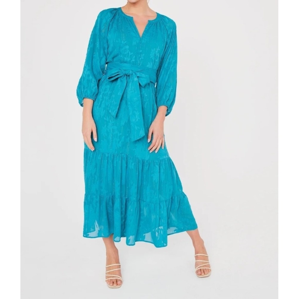 Abbey Glass Elise Teal Burnout Chiffon Dress Womens XS Romantic Feminine Boho